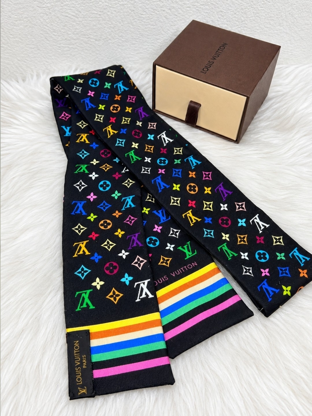 Louis Vuitton Black Multicolor Monogram Silk Twilly Scarf